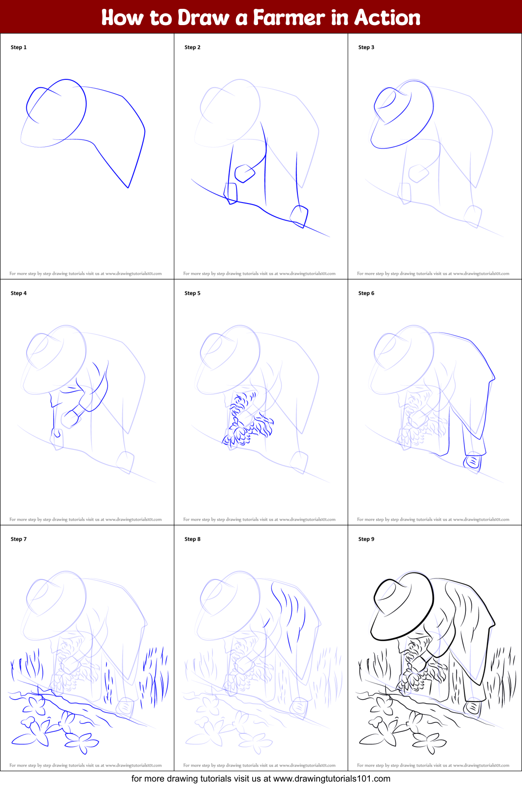 How to Draw a Farmer in Action Printable Step by Step