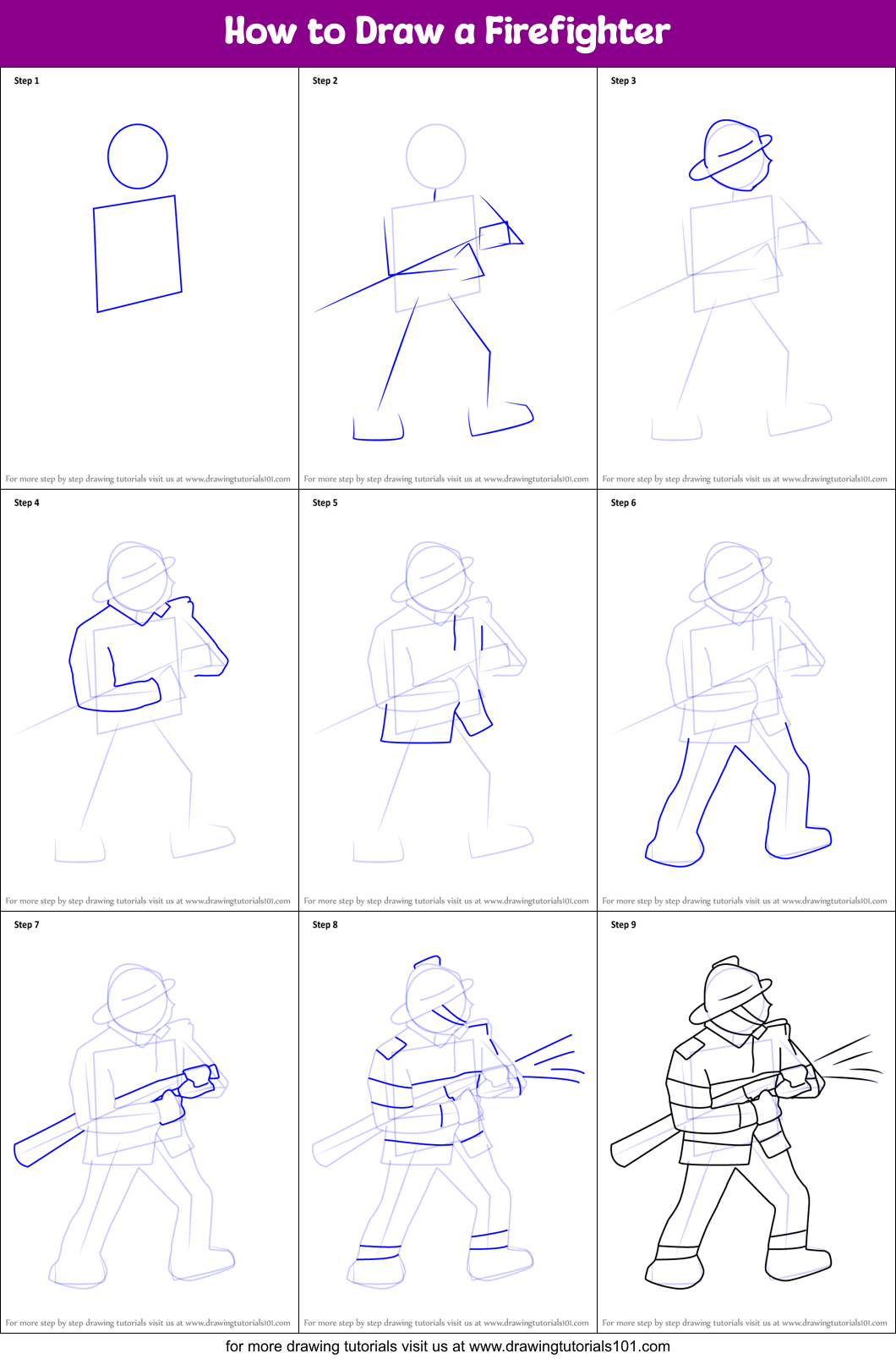 How to Draw a Firefighter printable step by step drawing 