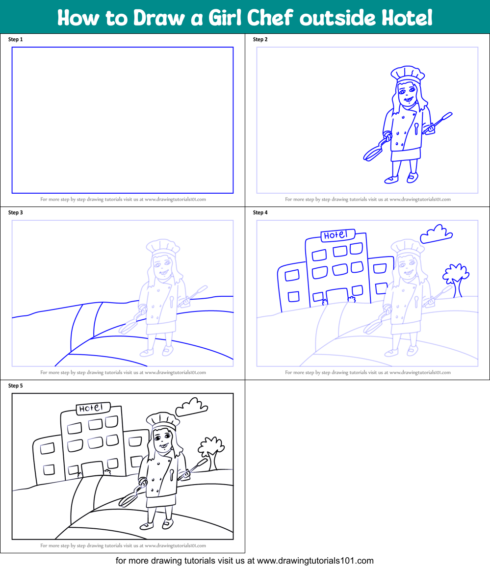How to Draw a Girl Chef outside Hotel Printable Step by Step