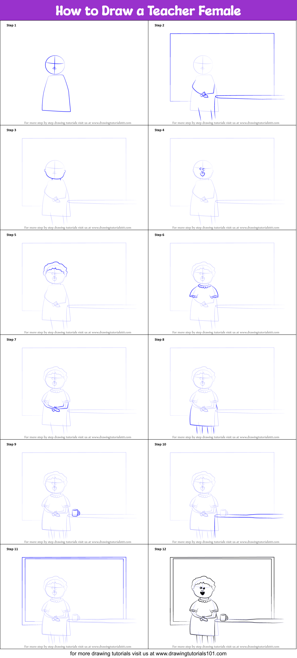 How to Draw a Teacher Female Printable Step by Step
