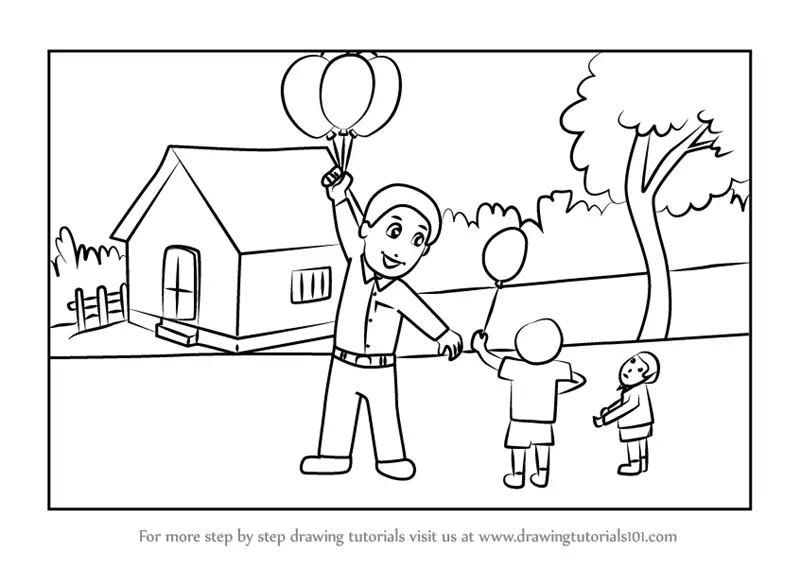 Cartoon Balloon Seller Drawing Sketch for Kindergarten