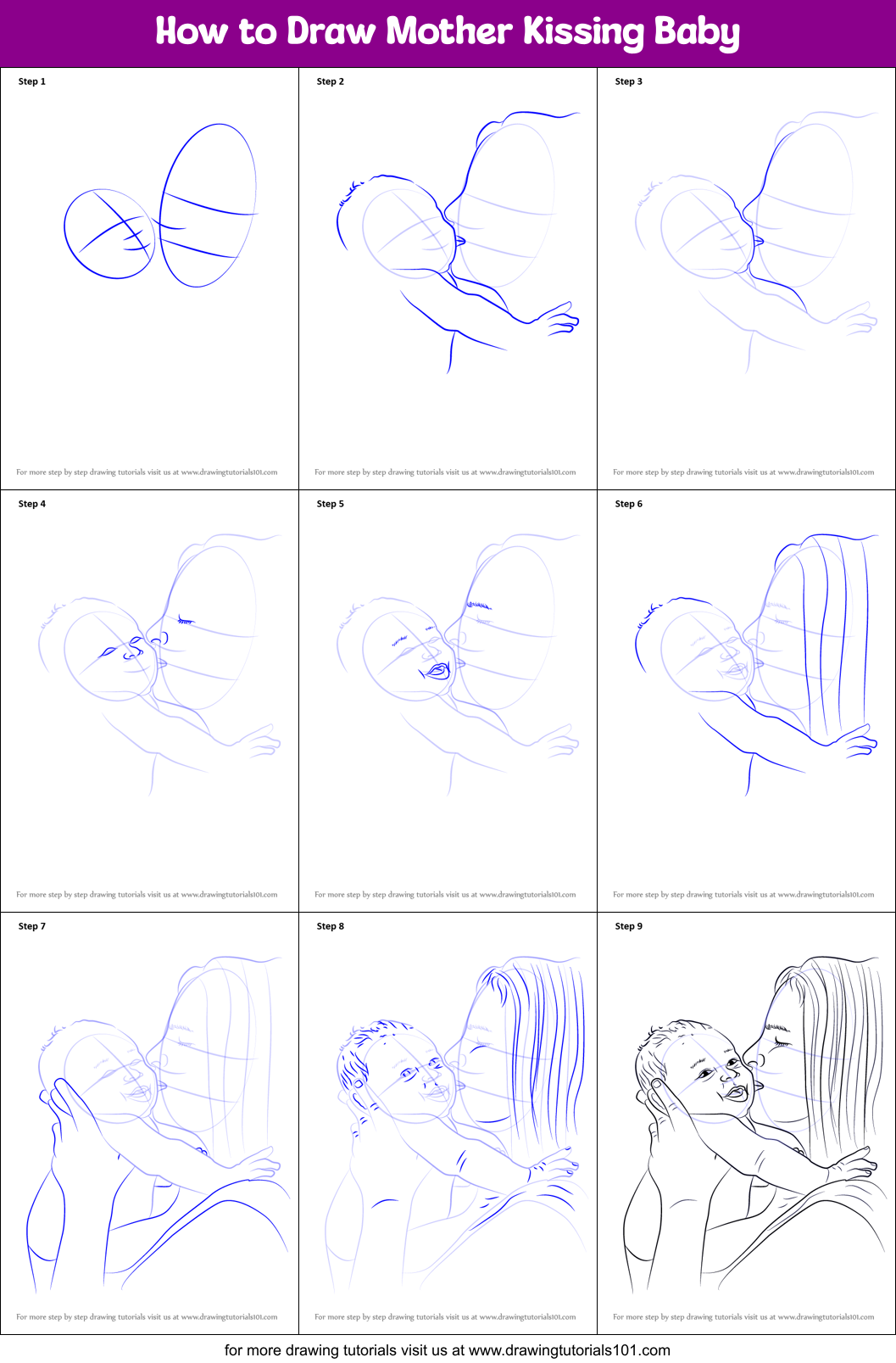 How to Draw Mother Kissing Baby Printable Step by Step