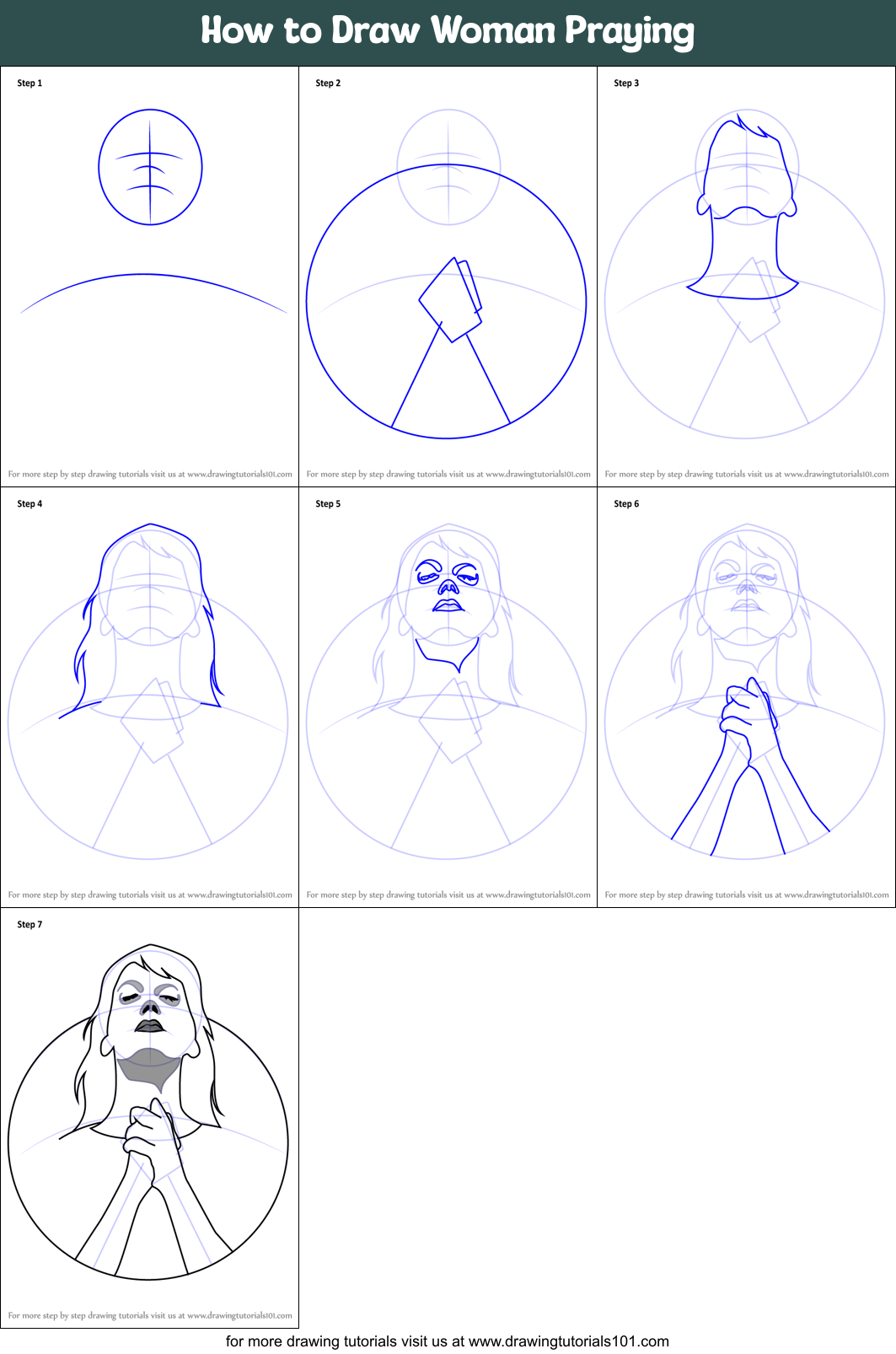 How to Draw Woman Praying Printable Step by Step
