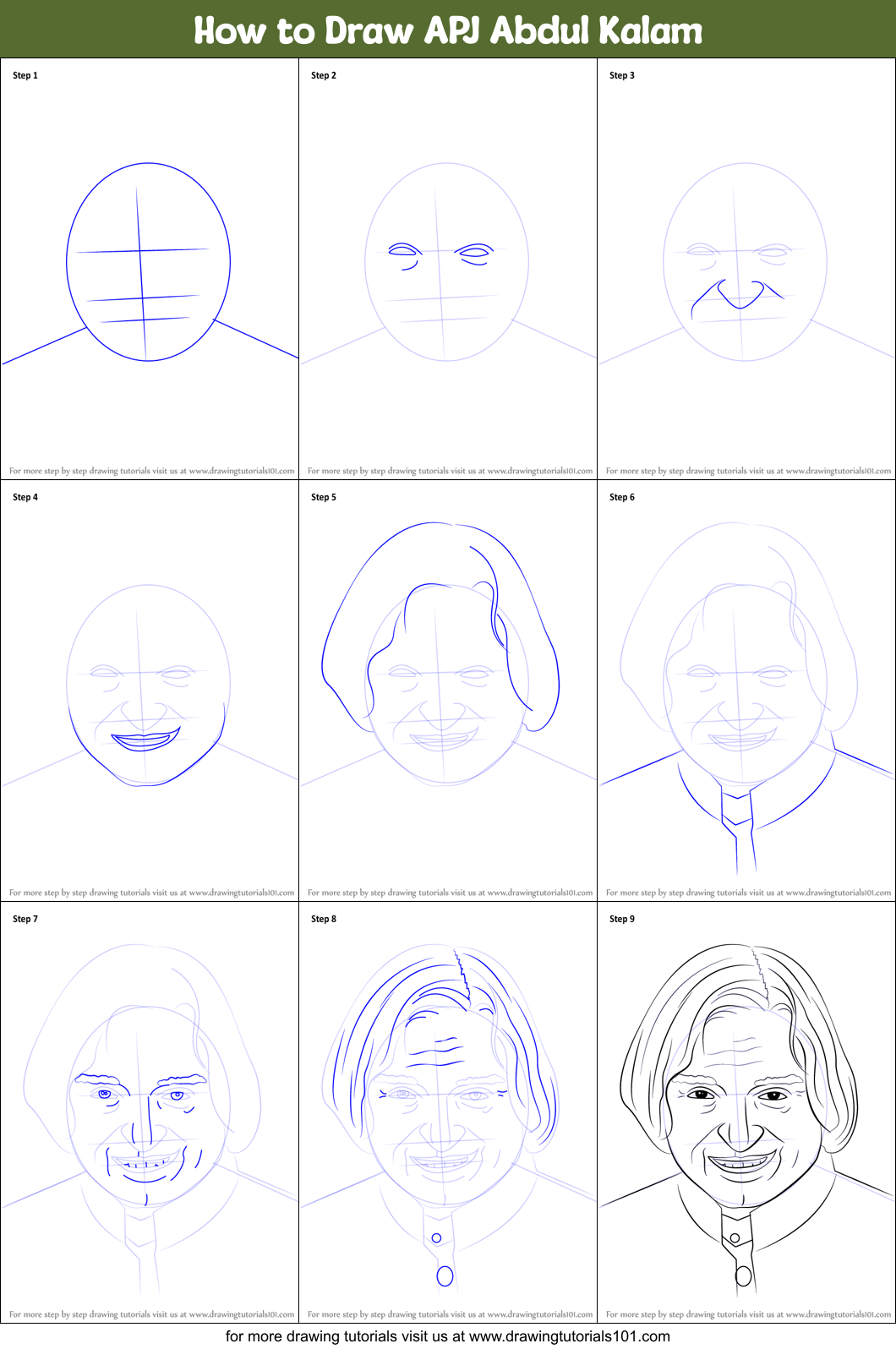 How to Draw APJ Abdul Kalam Printable Step by Step