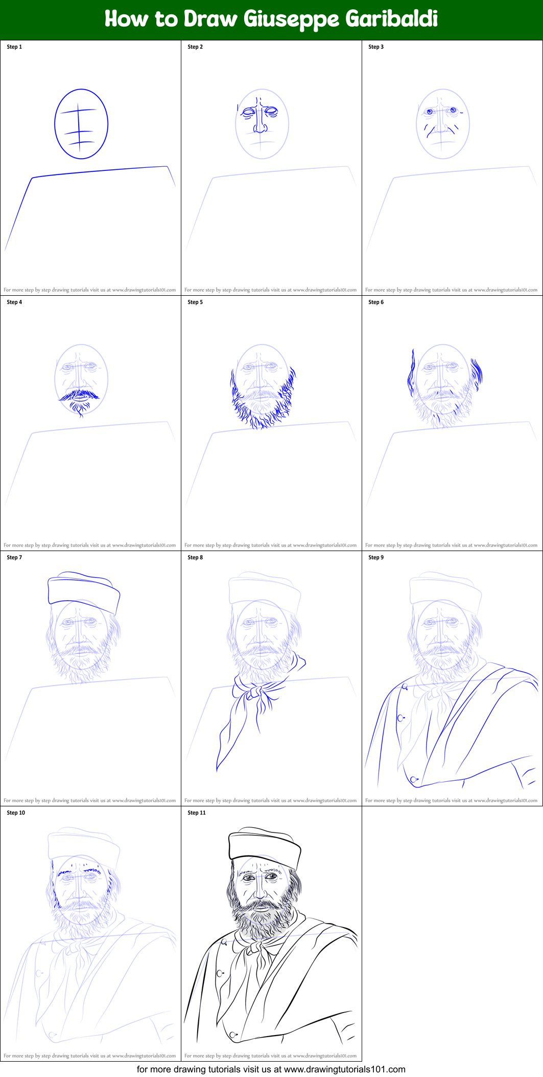 How to Draw Giuseppe Garibaldi Printable Step by Step