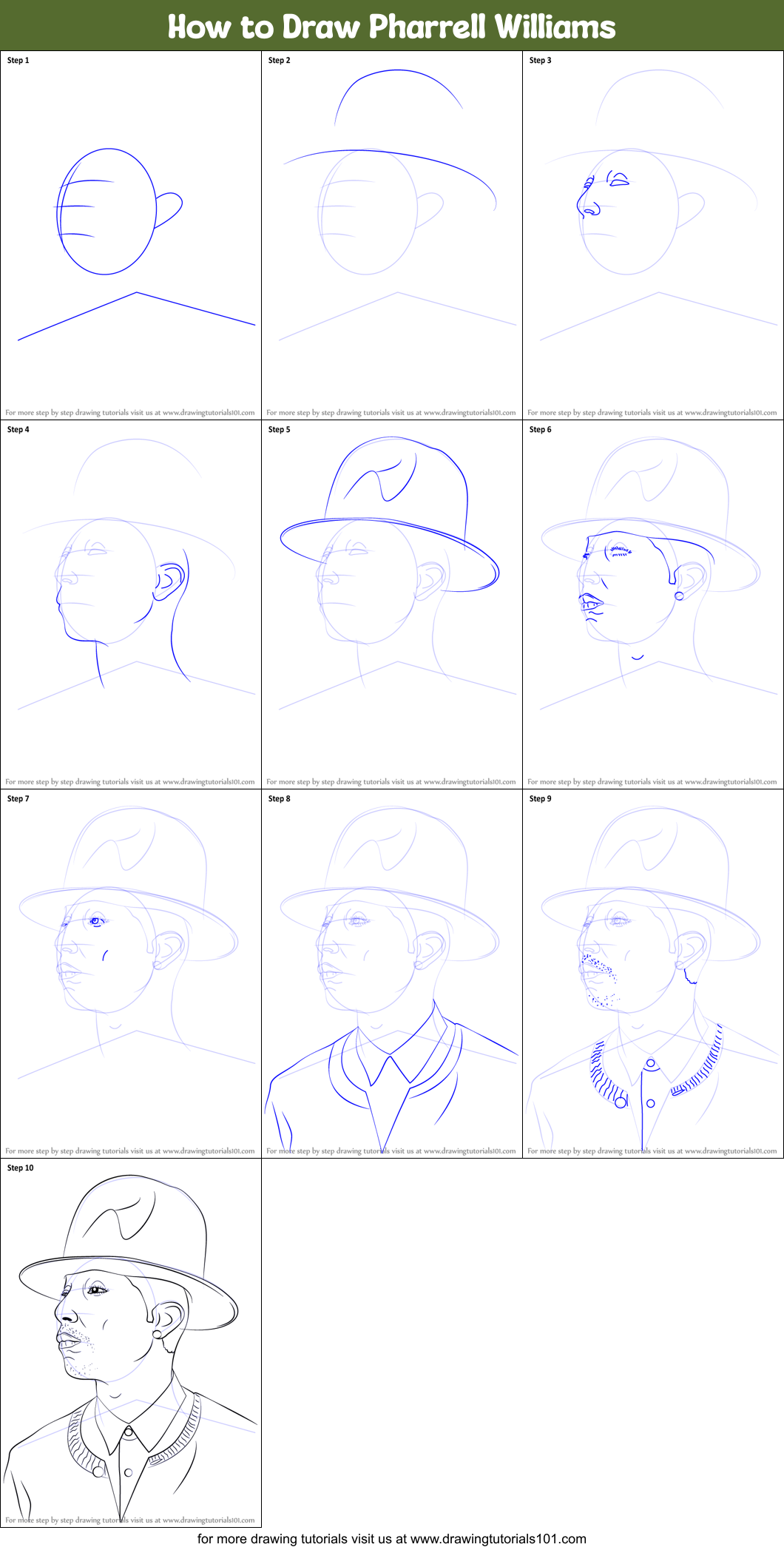 How to Draw Pharrell Williams Printable Step by Step