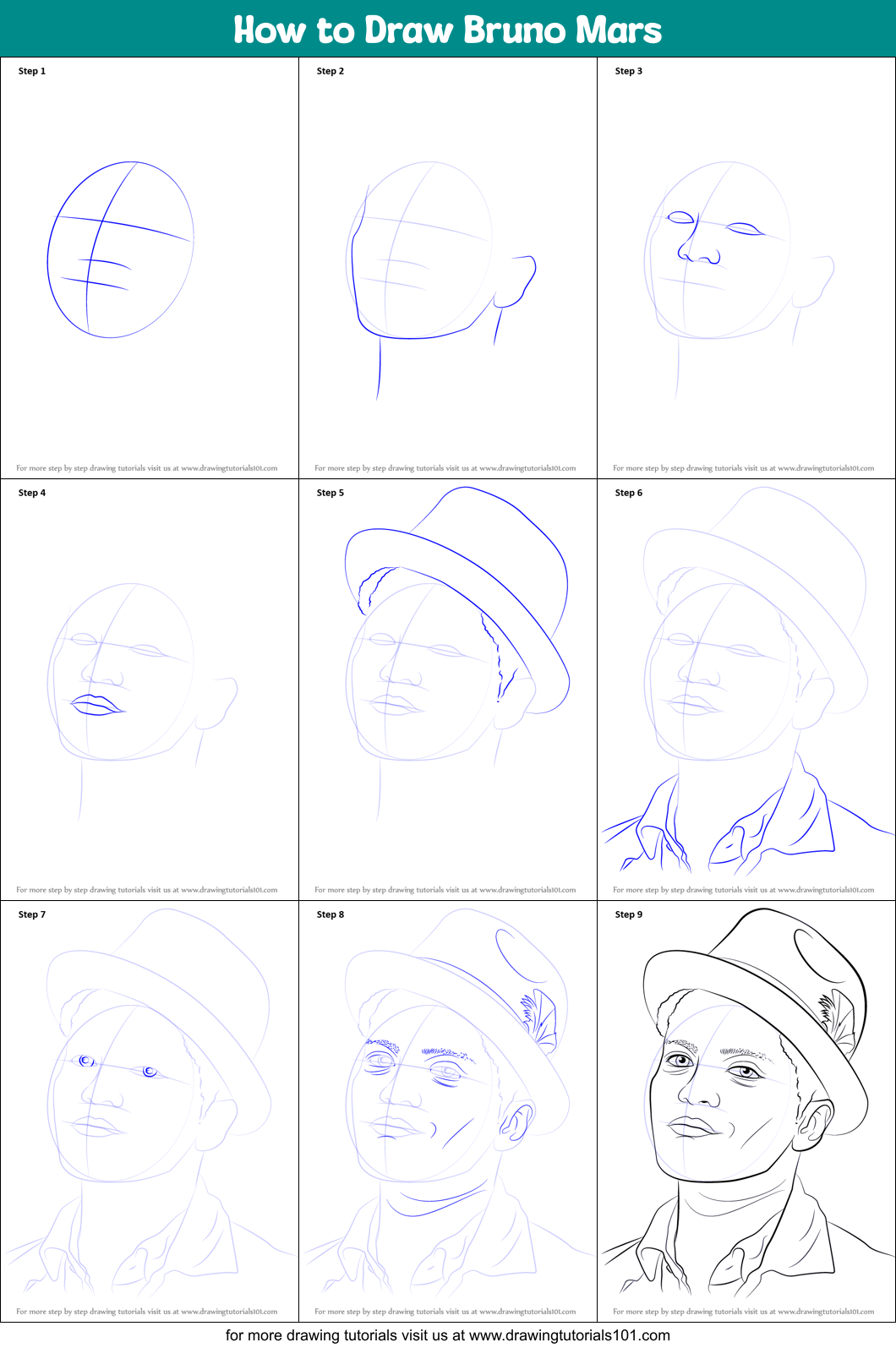 How to Draw Bruno Mars printable step by step drawing sheet