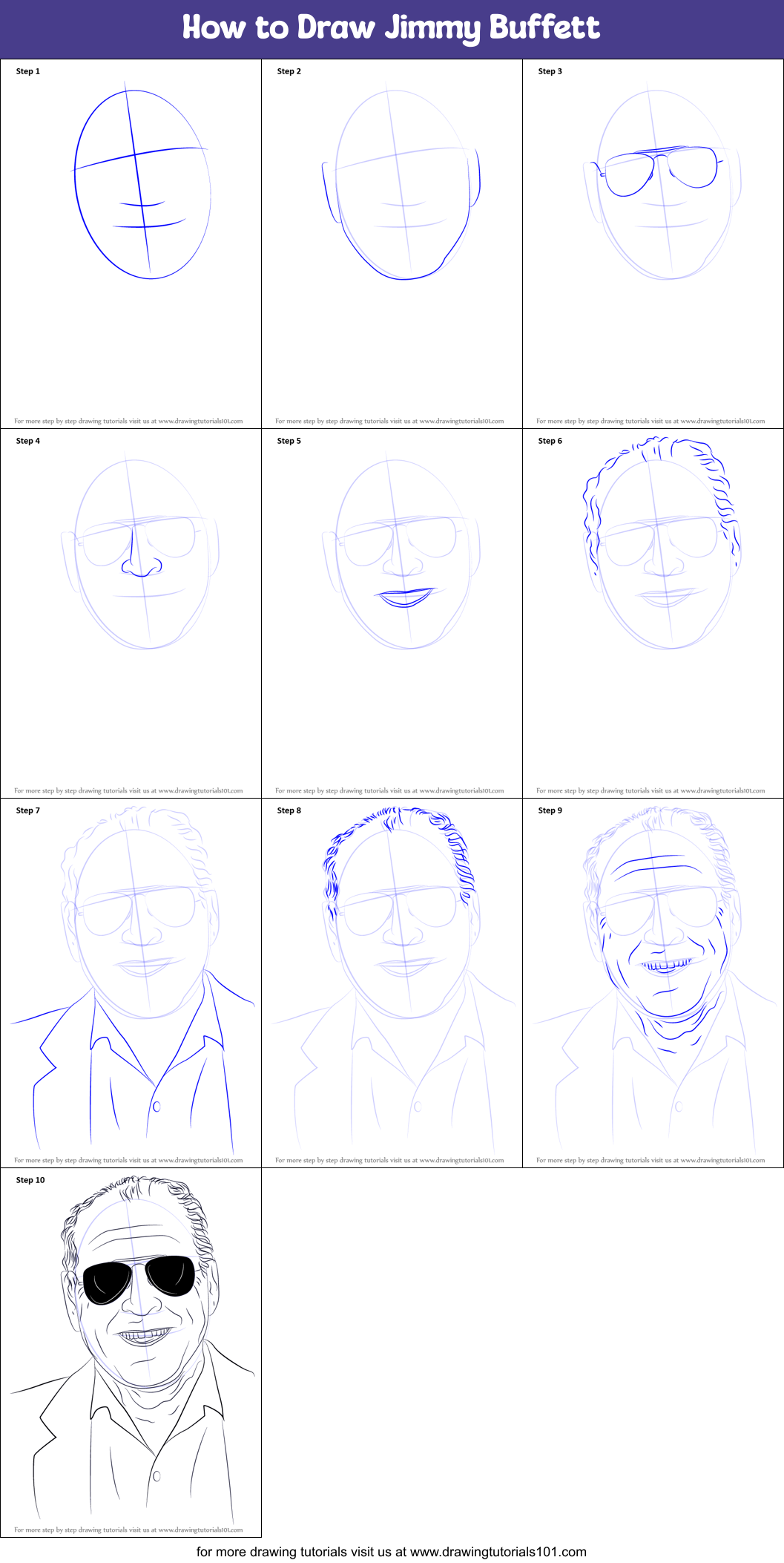 How to Draw Jimmy Buffett Printable Step by Step