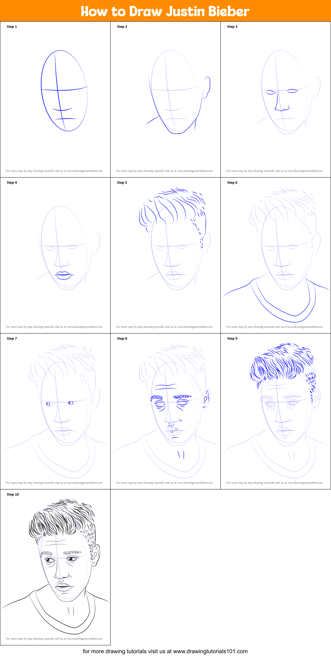 How to Draw Justin Bieber Printable Step by Step