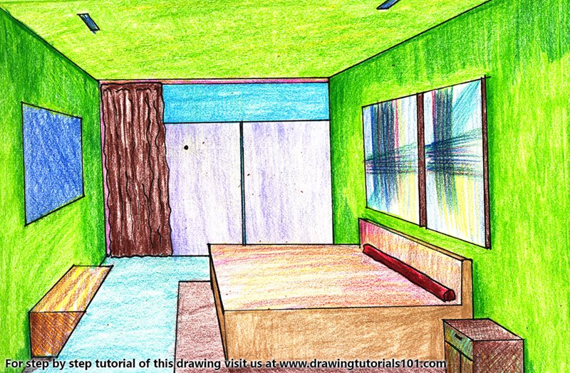 One Point Perspective Bedroom Colored Pencils Drawing One