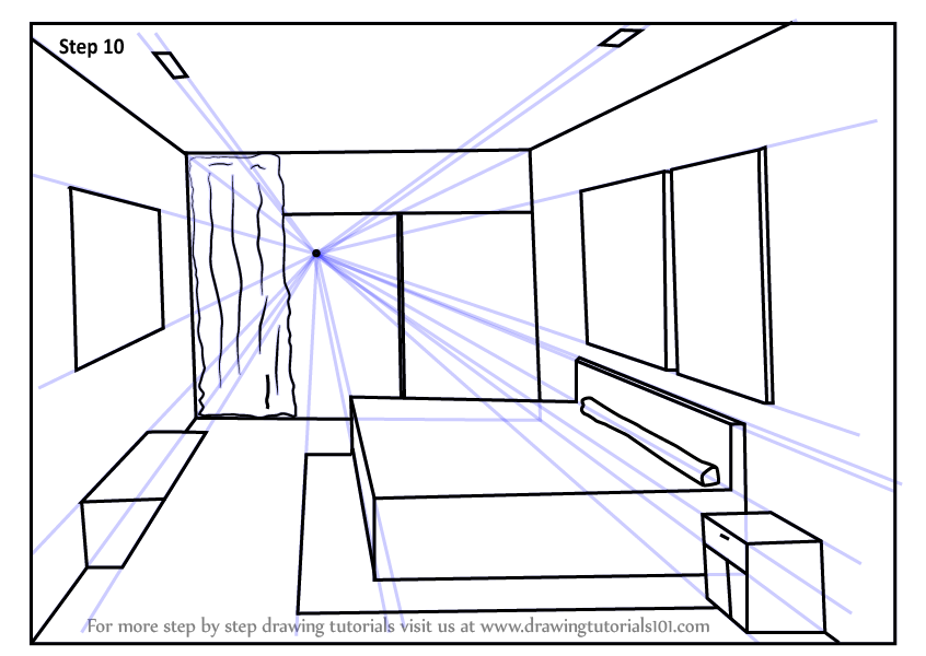 learn how to draw one point perspective bedroom (one point