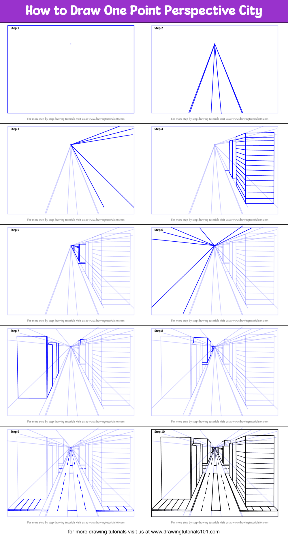 How to Draw One Point Perspective City printable step by 