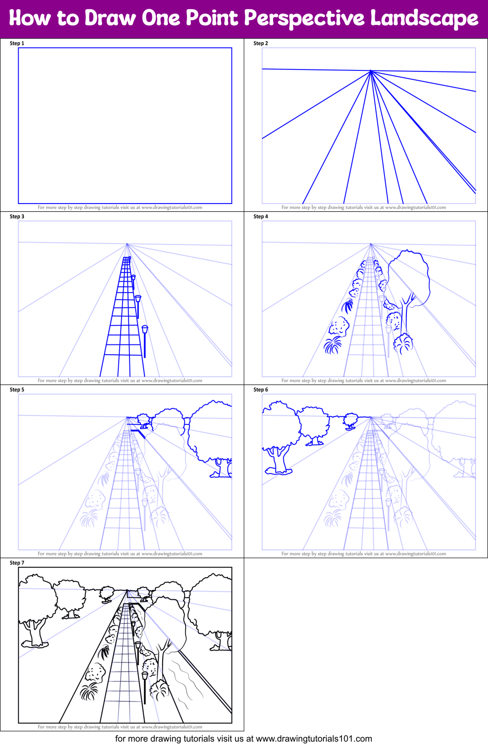How to Draw One Point Perspective Landscape printable step by step drawing sheet ...
