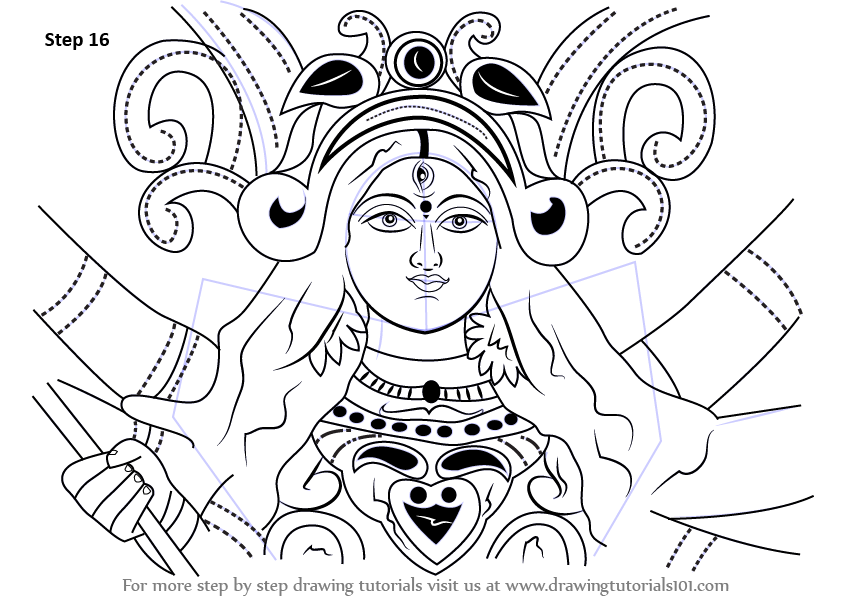 Step by Step How to Draw Durga Devi Face : DrawingTutorials101.com