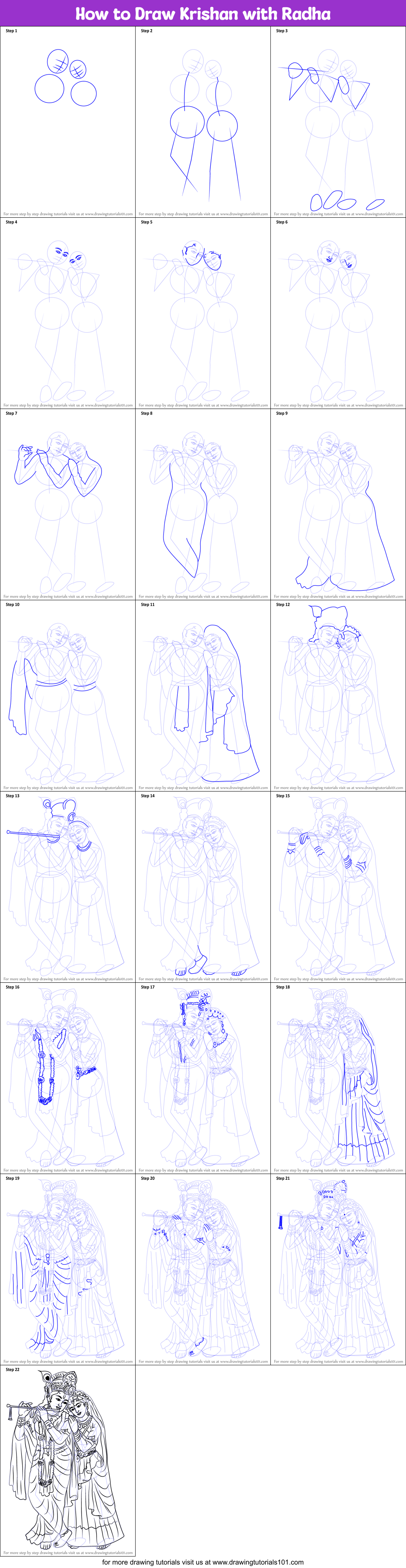 How to Draw Krishan with Radha Printable Step by Step