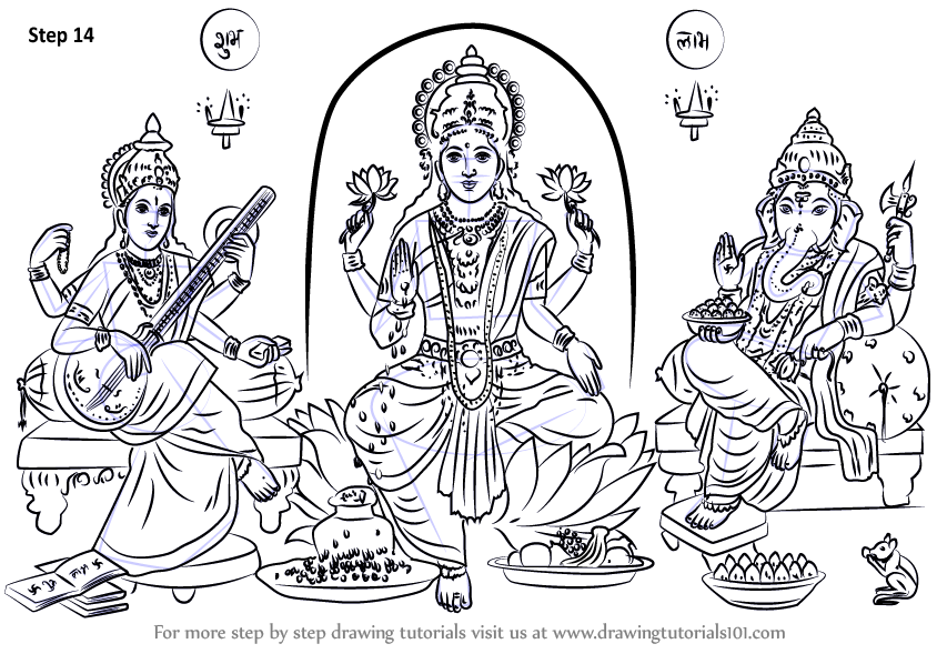 Learn How to Draw Laxmi Ganesh Saraswati (Hinduism) Step by Step