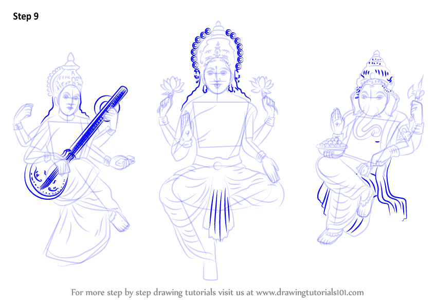 Learn How to Draw Laxmi Ganesh Saraswati (Hinduism) Step by Step