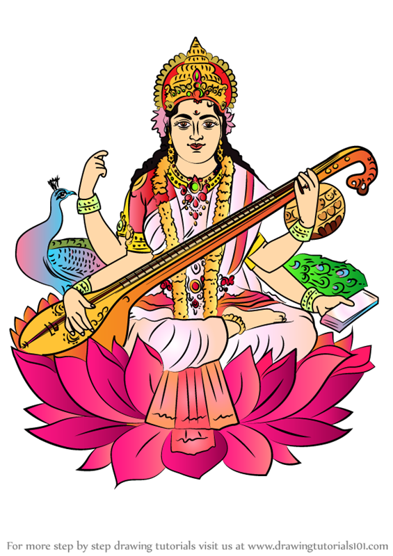 hindu goddess saraswati on lotus art drawing stock images | Photoskart