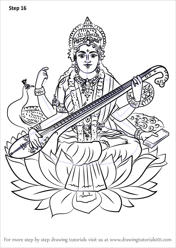 how to draw saraswati devi,maa saraswati ful figer drawing,line art maa  saraswati thakur with pastel - YouTube