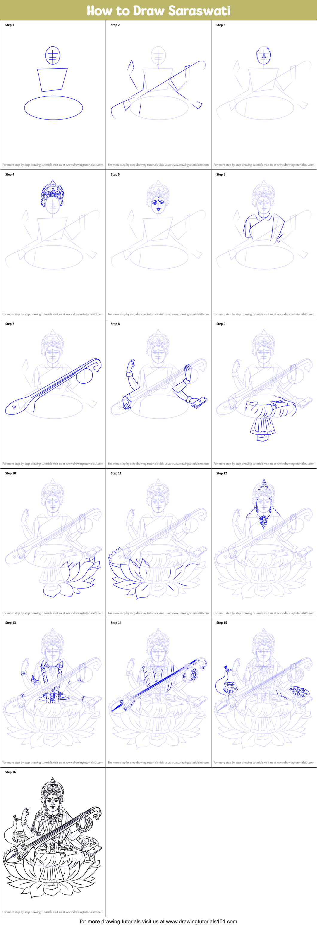 How to Draw Saraswati Printable Step by Step