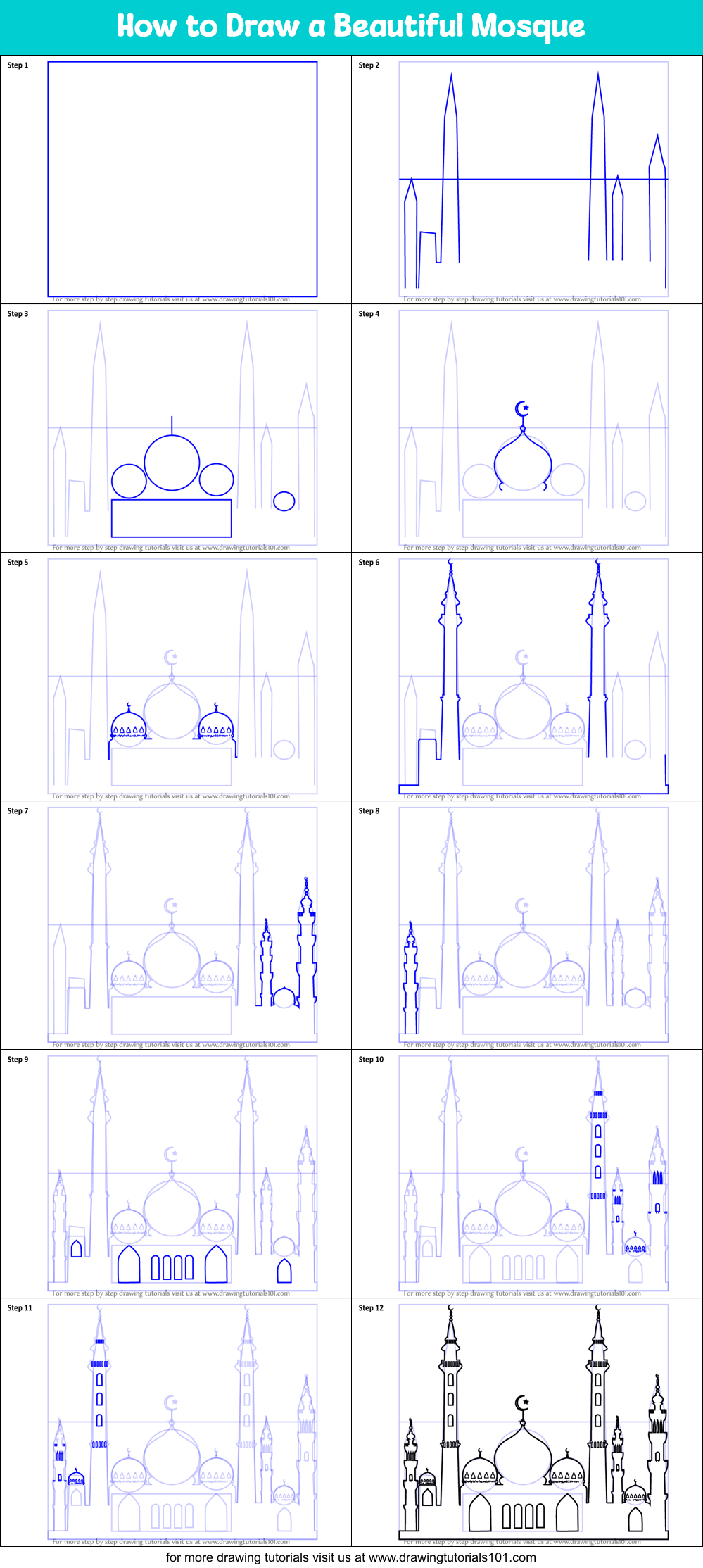 How to Draw a Beautiful Mosque Printable Step by Step
