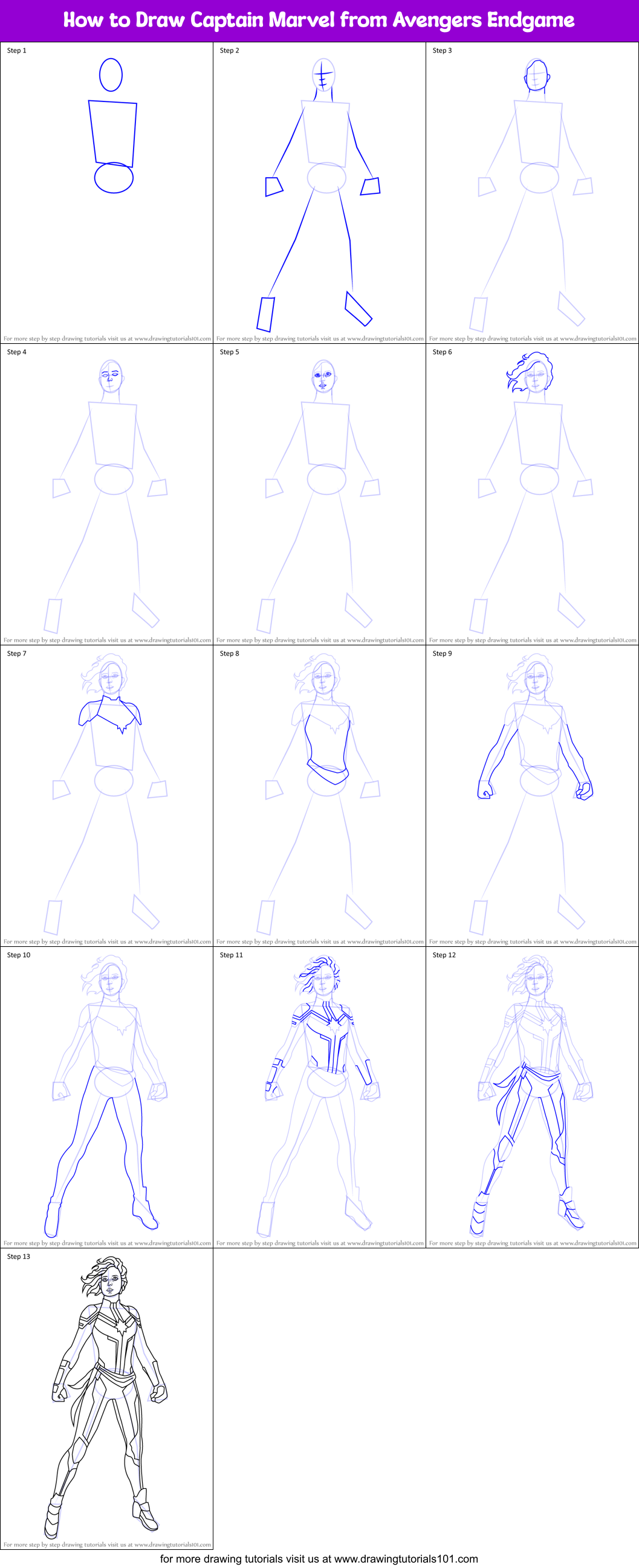 How to Draw Captain Marvel from Avengers Endgame Printable Step by Step