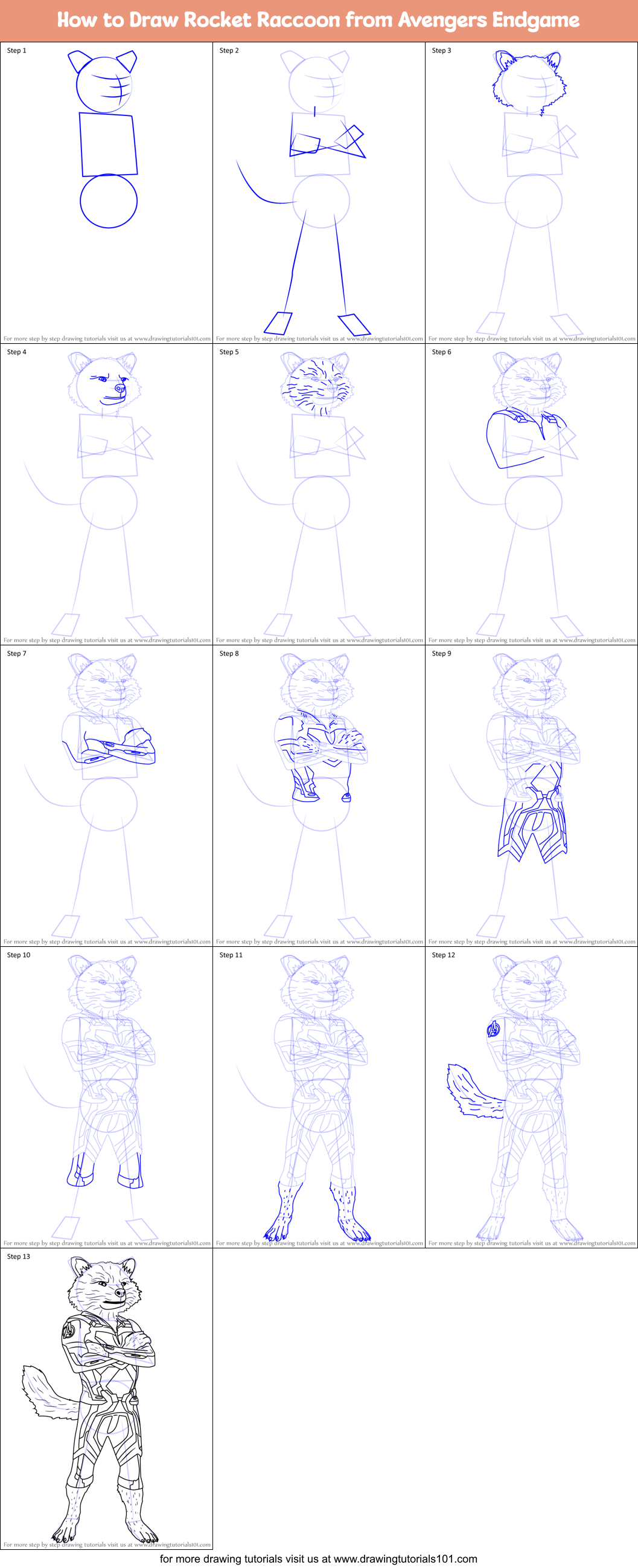 How to Draw Rocket Raccoon from Avengers Endgame Printable Step by Step