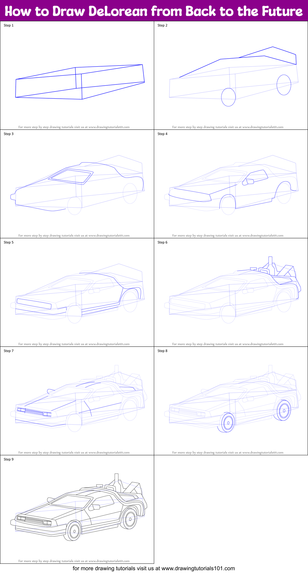 How to Draw DeLorean from Back to the Future Printable Step by Step