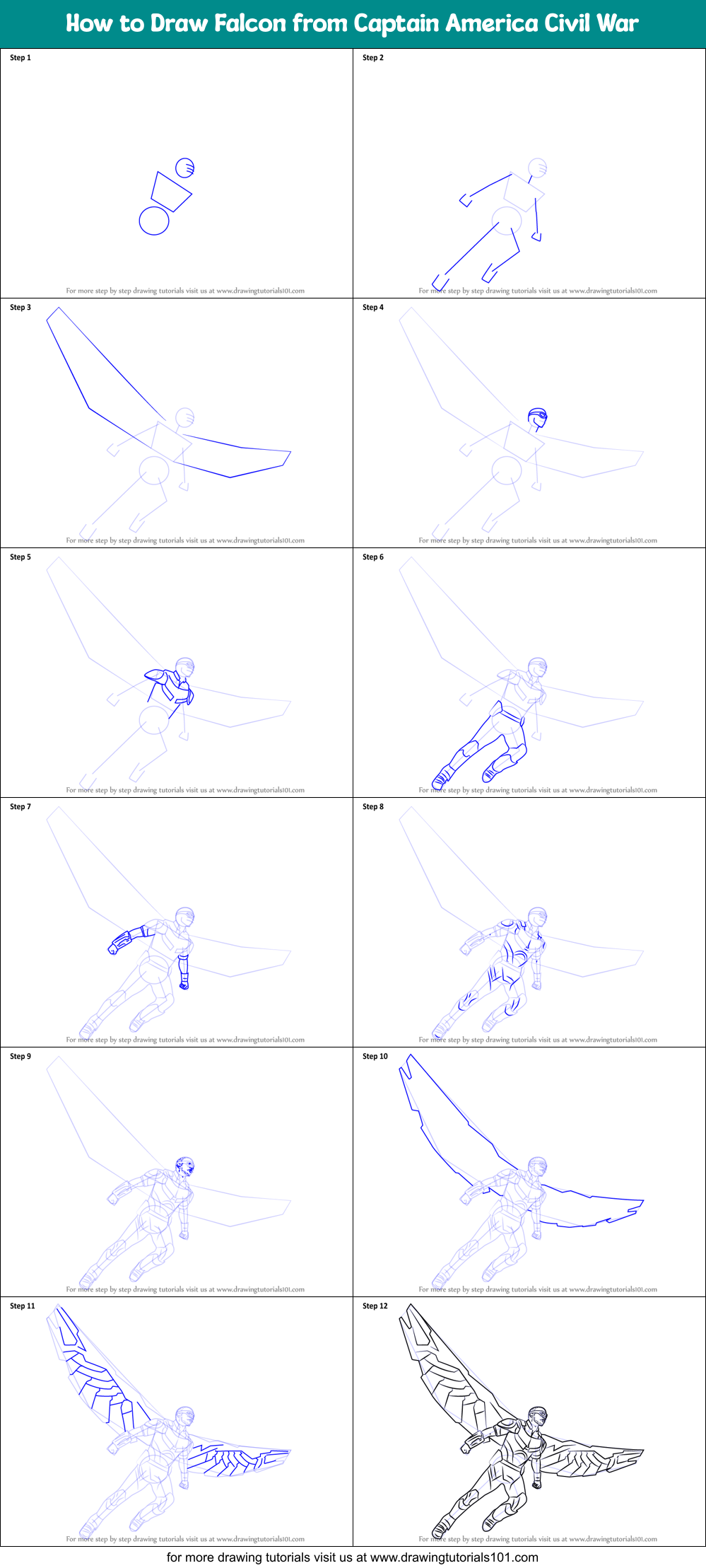 How to Draw Falcon from Captain America Civil War Printable Step by Step