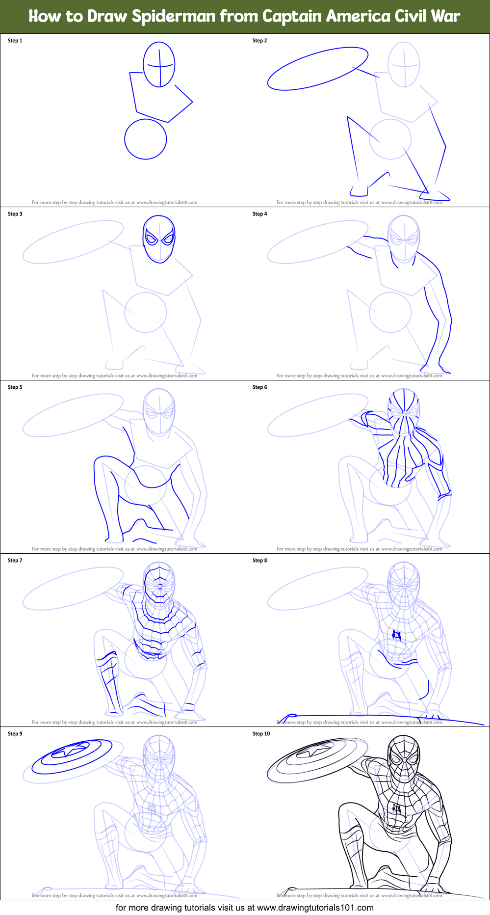 How to Draw Spiderman from Captain America Civil War printable step by