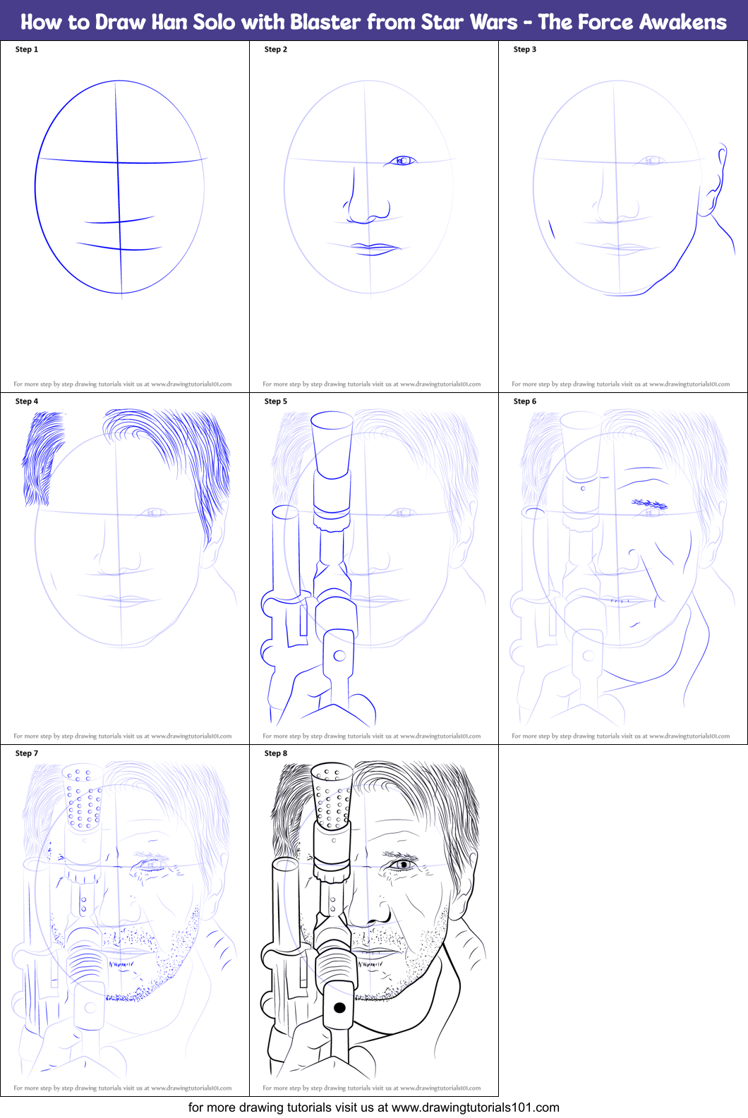 How to Draw Han Solo with Blaster from Star Wars - The Force Awakens Printable Step by Step