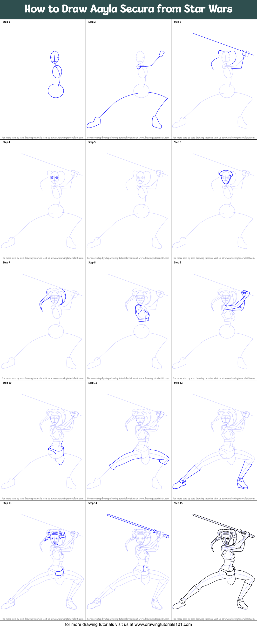 How to Draw Aayla Secura from Star Wars Printable Step by Step
