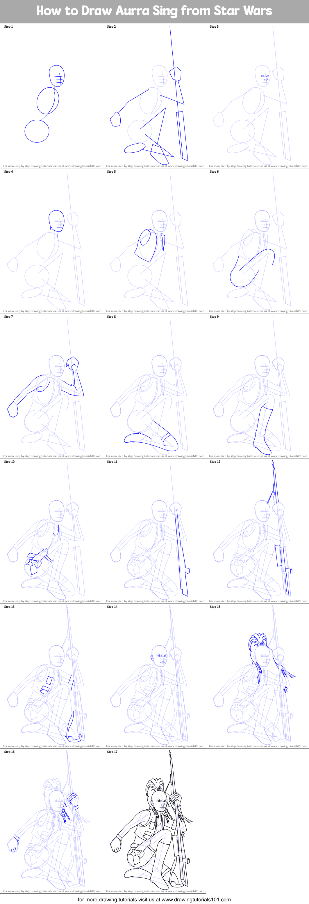How to Draw Aurra Sing from Star Wars Printable Step by Step