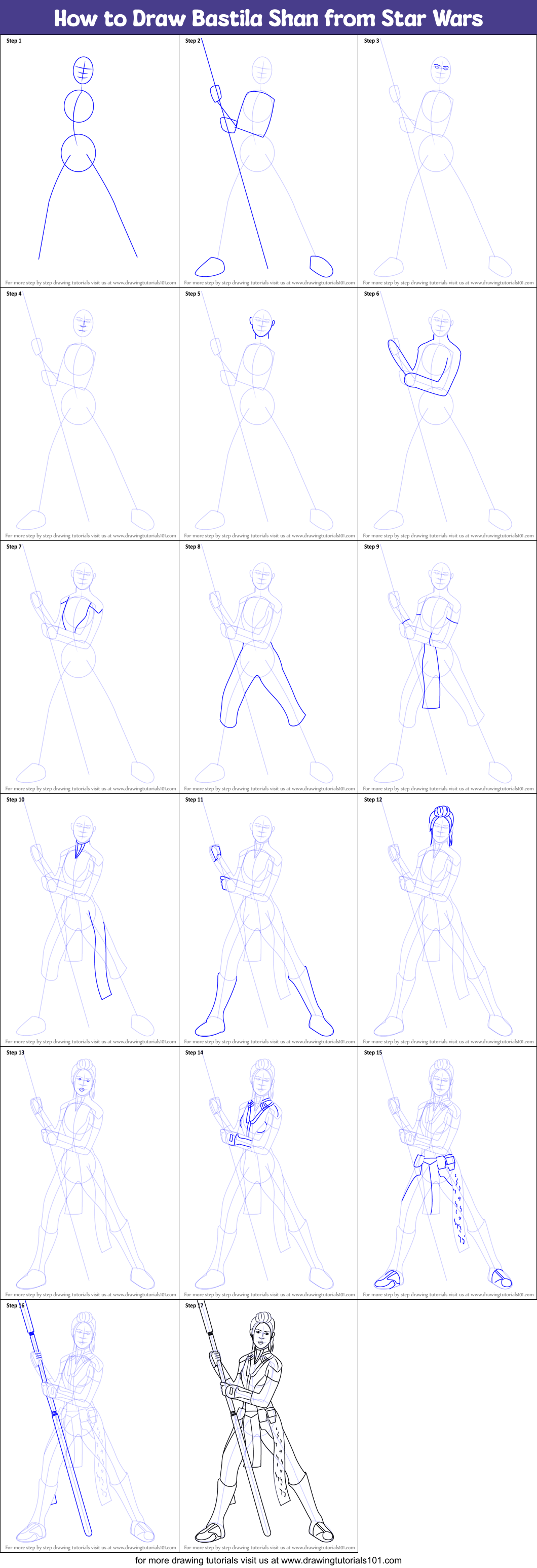 How to Draw Bastila Shan from Star Wars Printable Step by Step