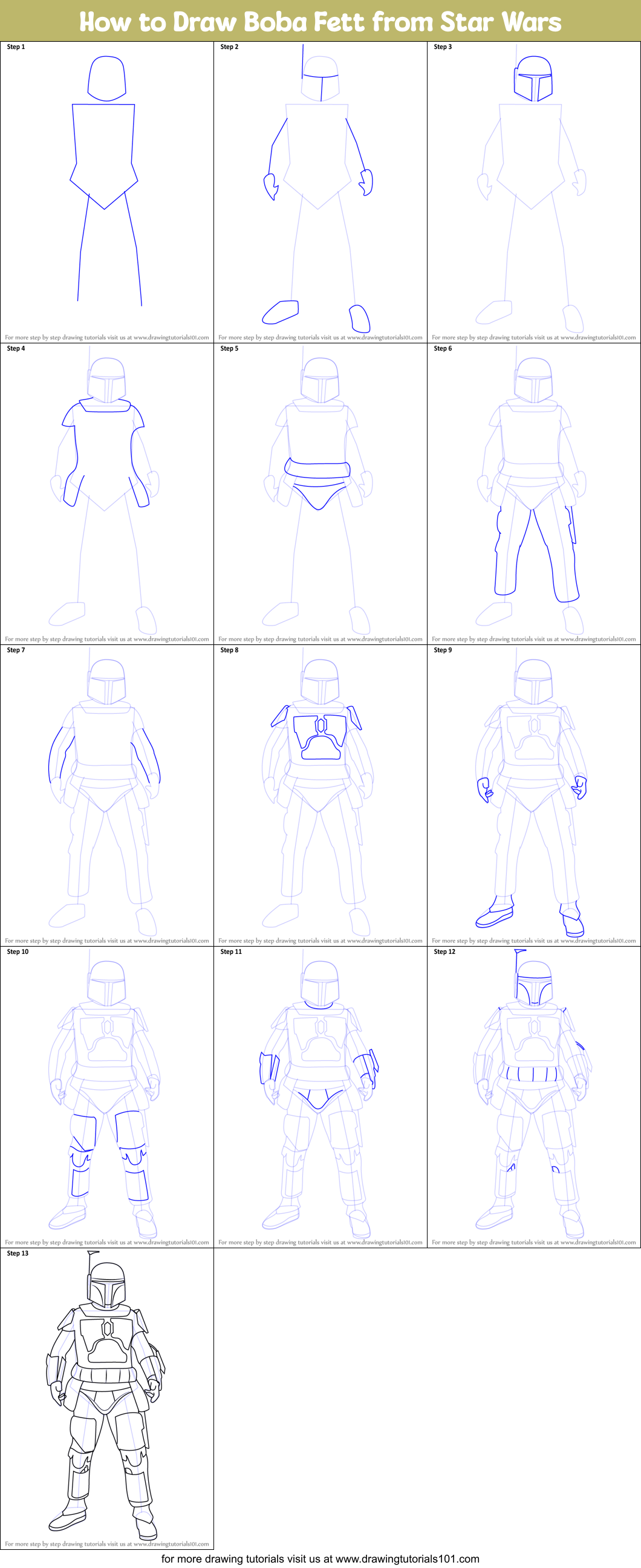 How to Draw Boba Fett from Star Wars Printable Step by Step