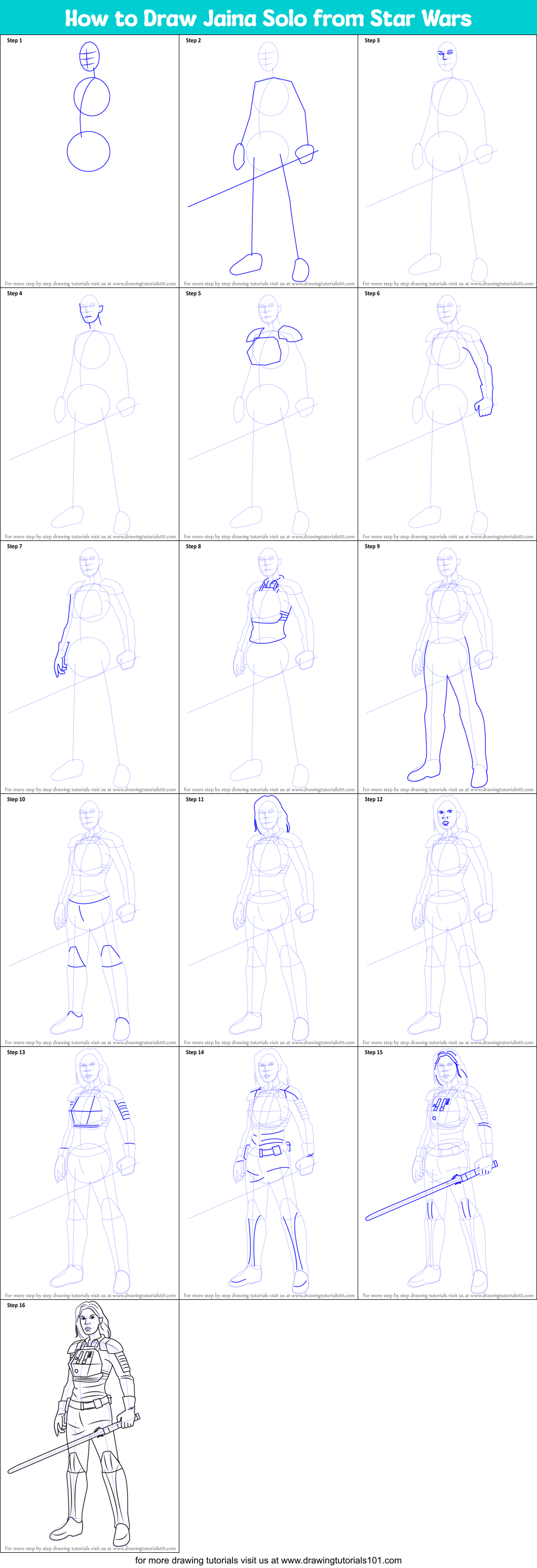 How to Draw Jaina Solo from Star Wars Printable Step by Step