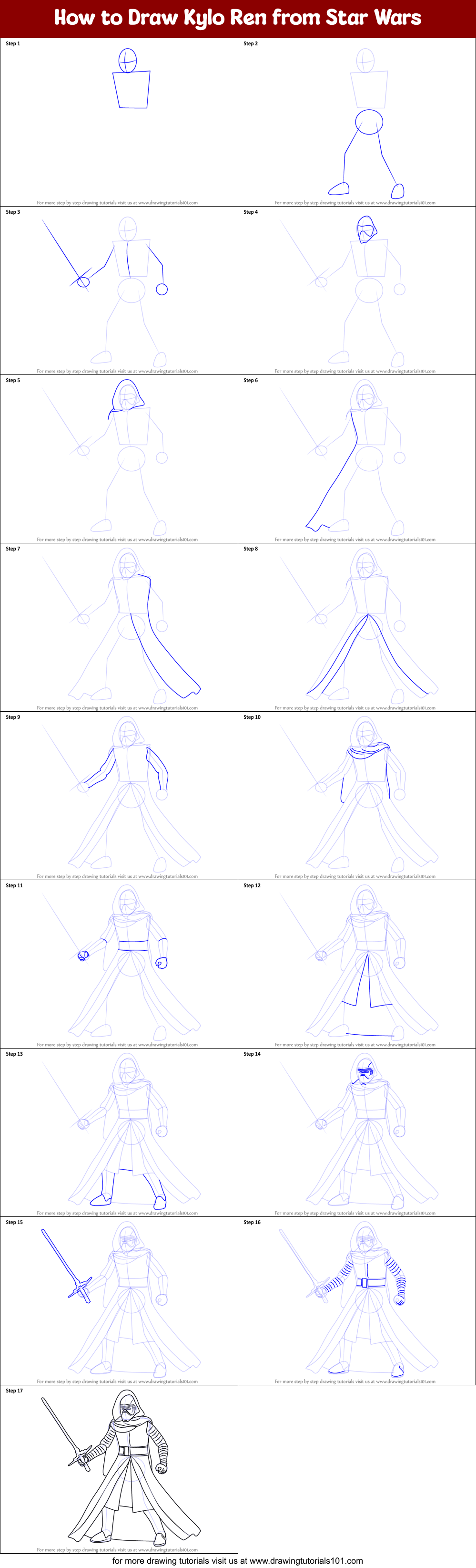 How to Draw Kylo Ren from Star Wars Printable Step by Step