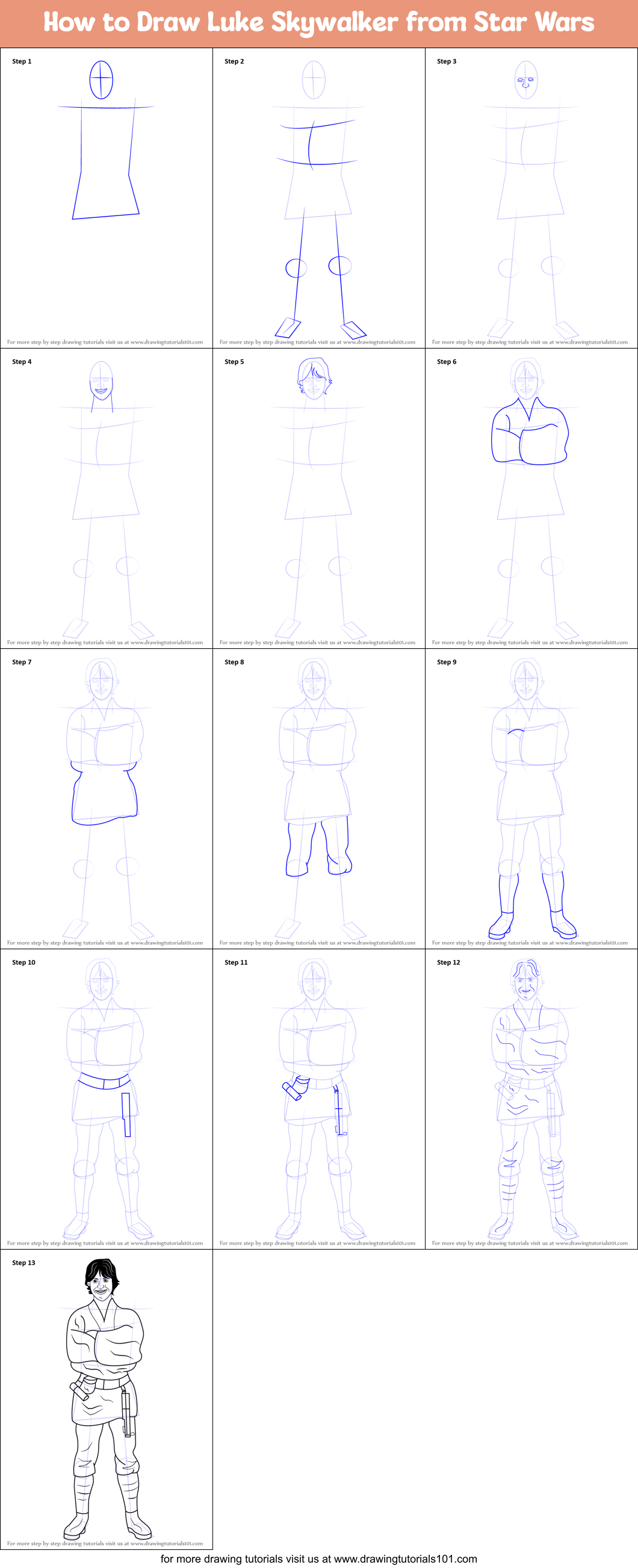 How to Draw Luke Skywalker from Star Wars Printable Step by Step