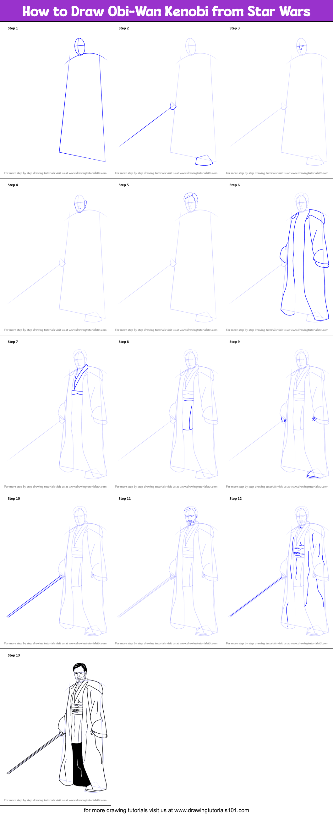 How to Draw Obi-Wan Kenobi from Star Wars Printable Step by Step