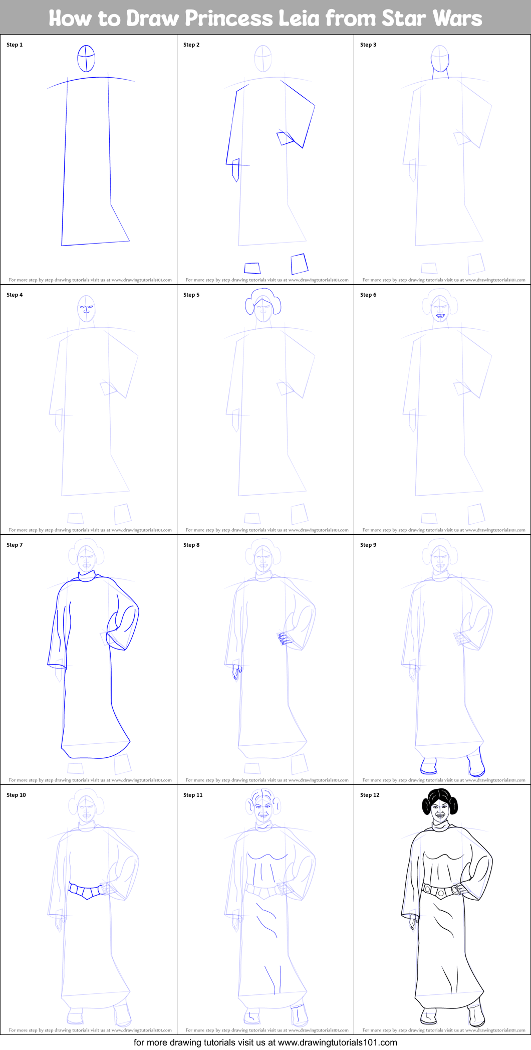 How to Draw Princess Leia from Star Wars Printable Step by Step