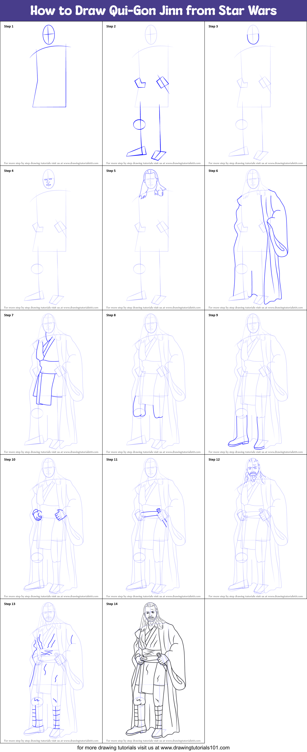 How to Draw Qui-Gon Jinn from Star Wars Printable Step by Step