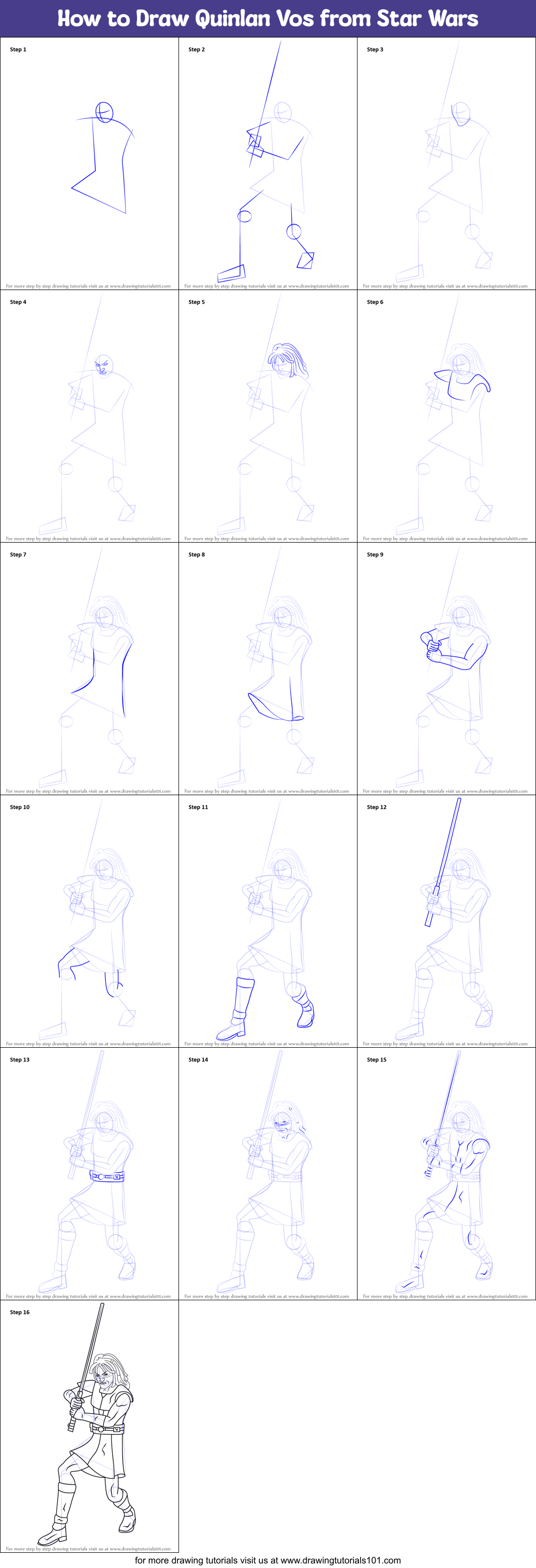 How to Draw Quinlan Vos from Star Wars Printable Step by Step