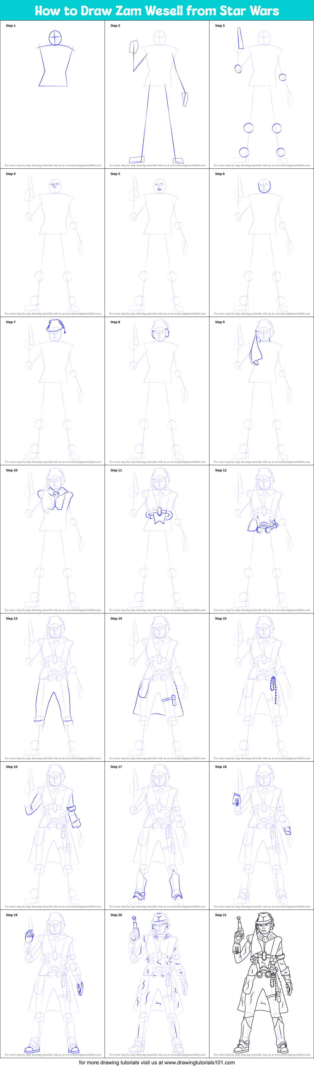 How to Draw Zam Wesell from Star Wars Printable Step by Step