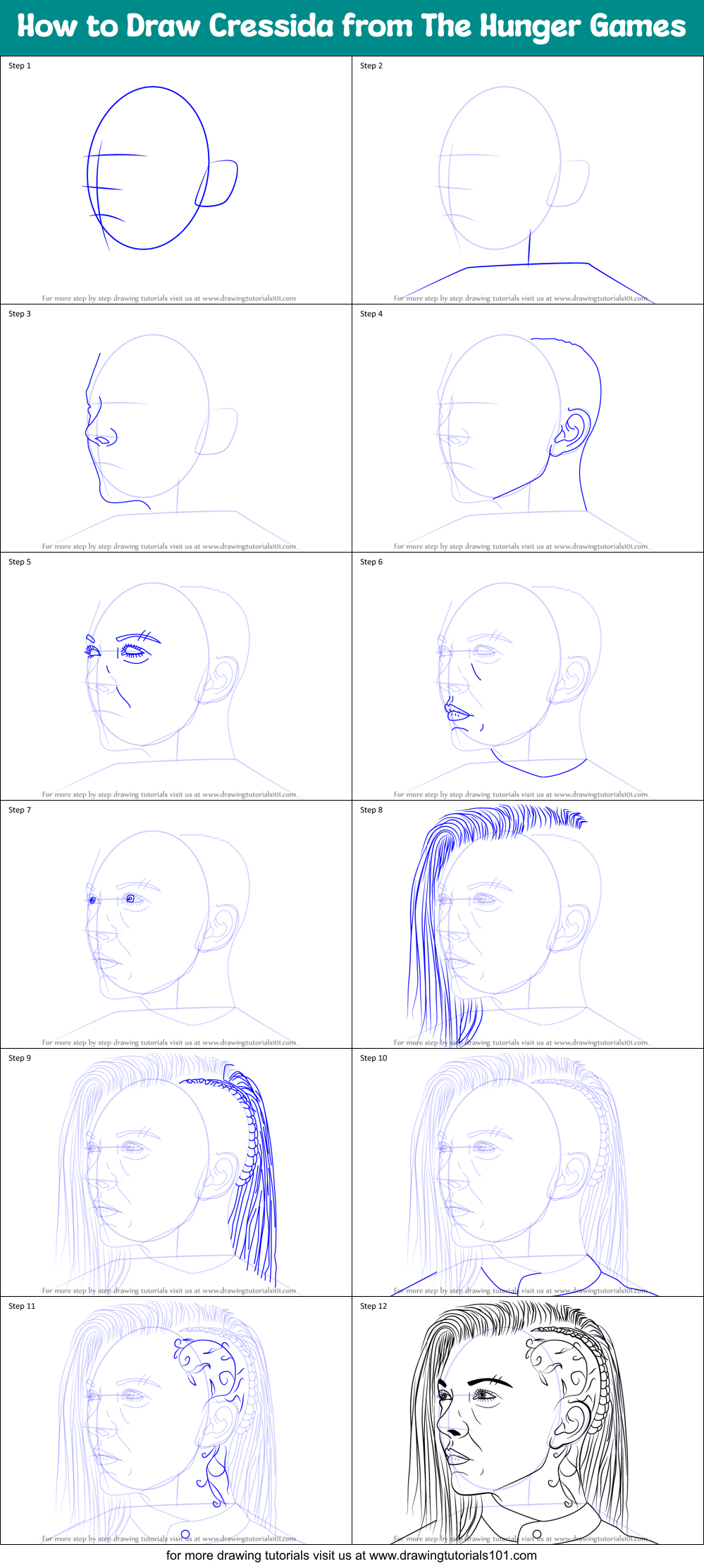 How to Draw Cressida from The Hunger Games printable step by step drawing  sheet : DrawingTutorials101.com