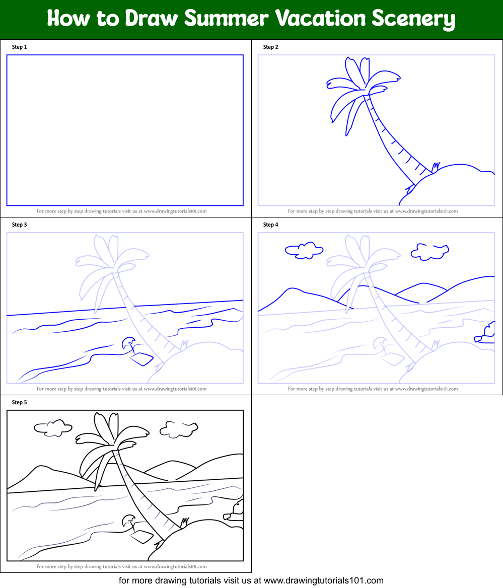 How to Draw Summer Vacation Scenery Printable Step by Step