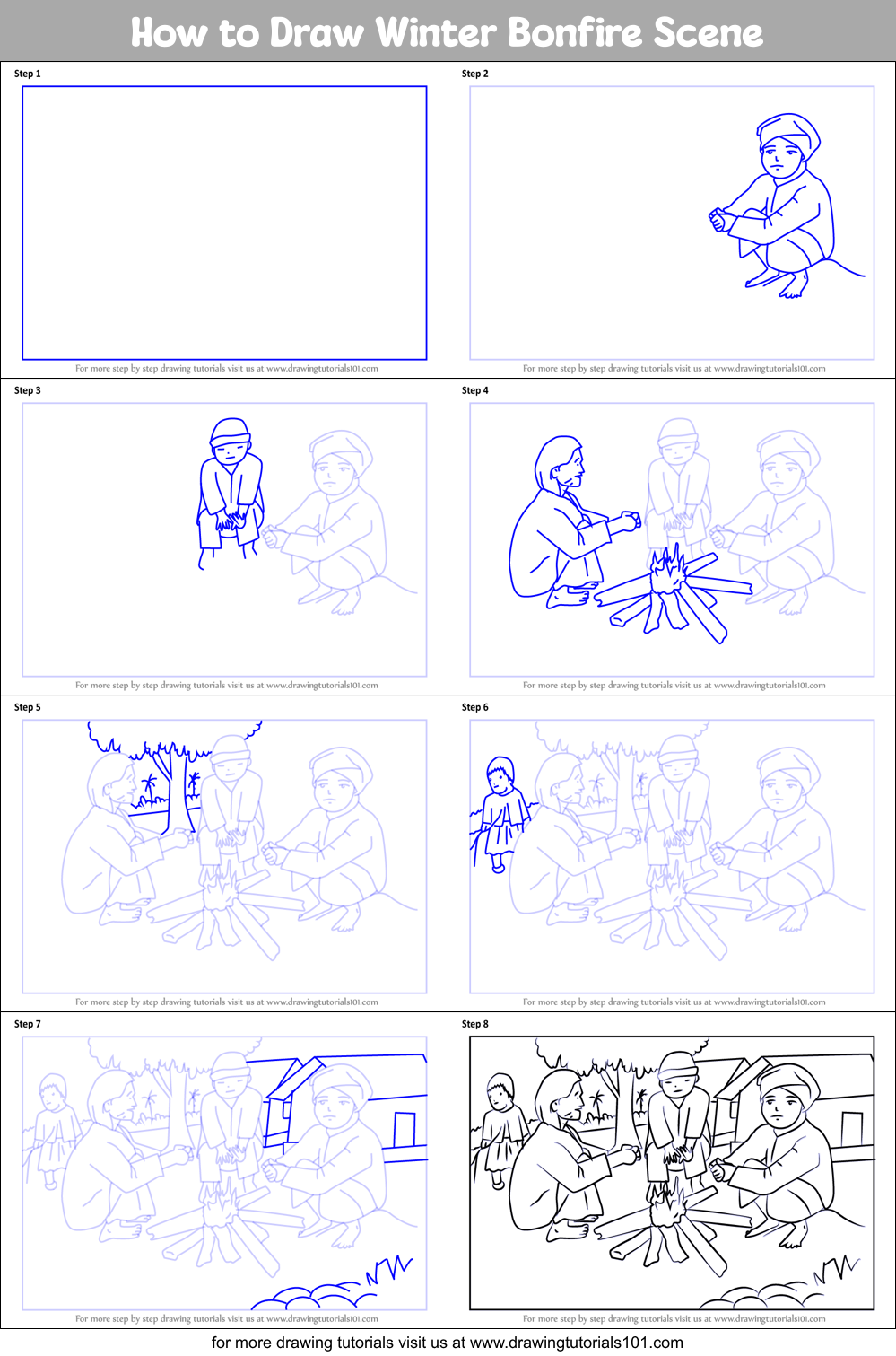 How to Draw Winter Bonfire Scene Printable Step by Step