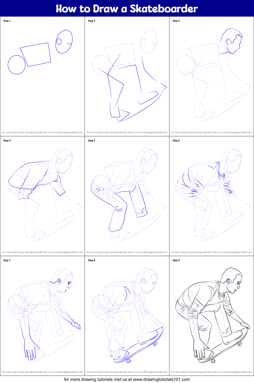 How to Draw a Skateboarder Printable Step by Step