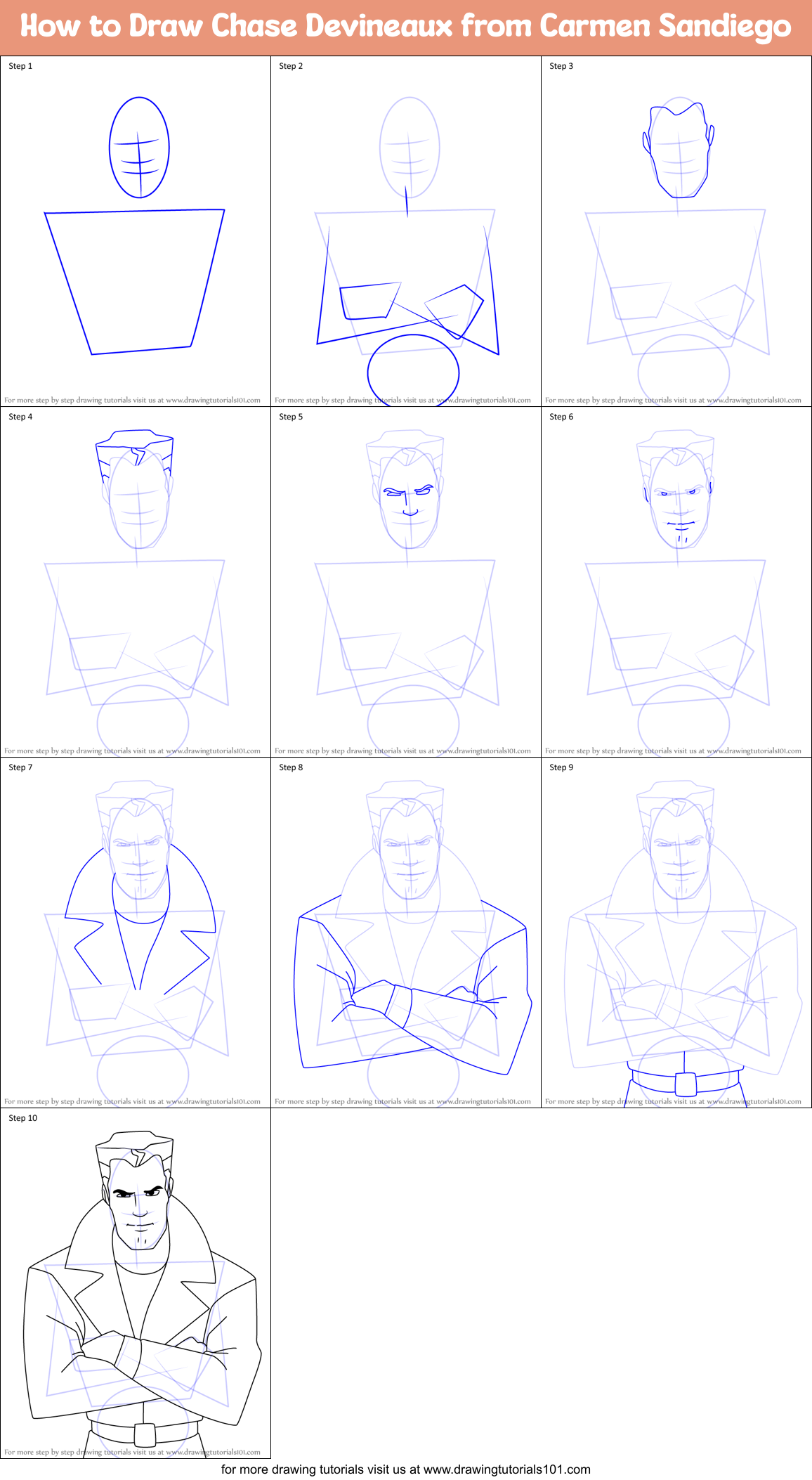 How to Draw Chase Devineaux from Carmen Sandiego Printable Step by Step