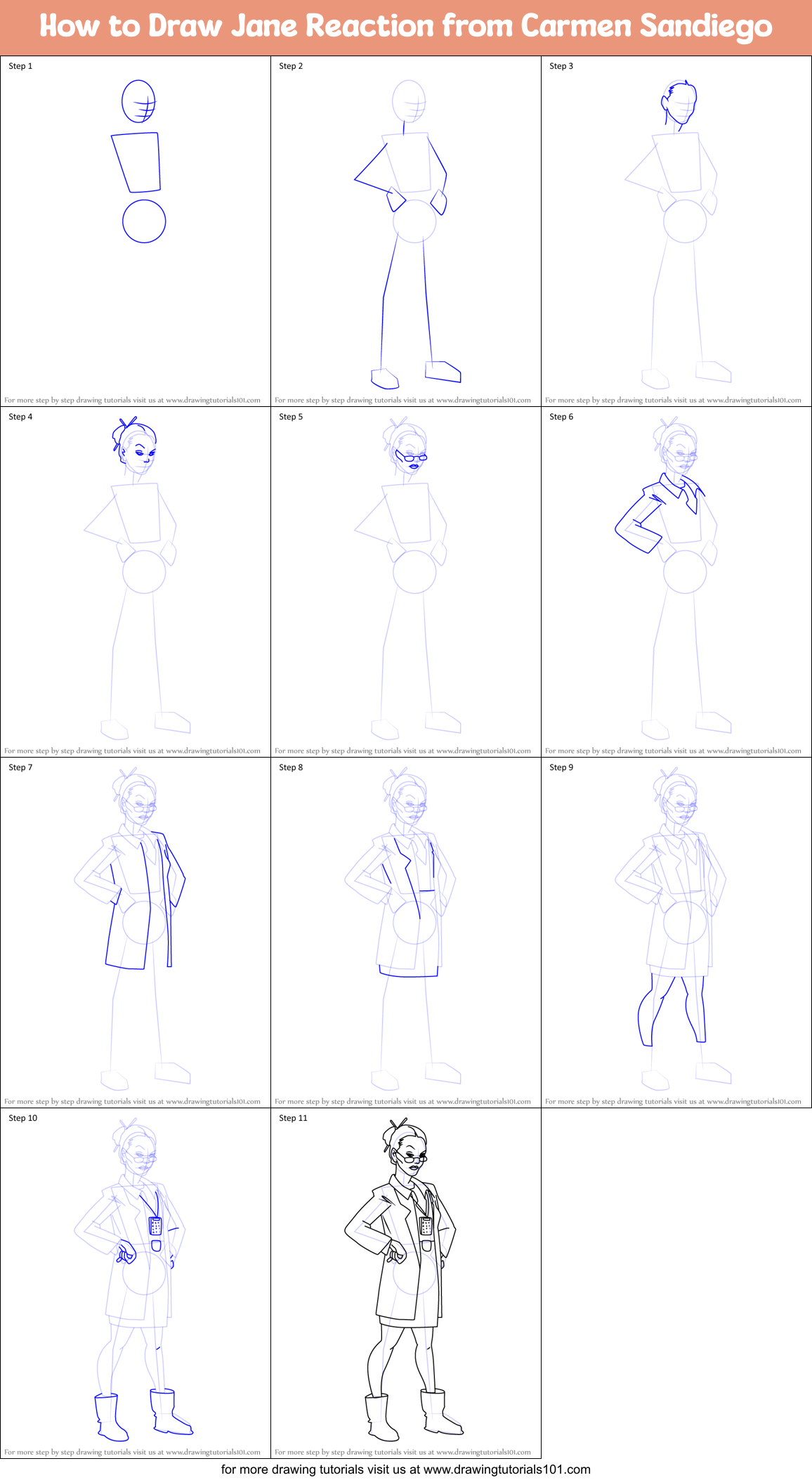 How to Draw Jane Reaction from Carmen Sandiego Printable Step by Step