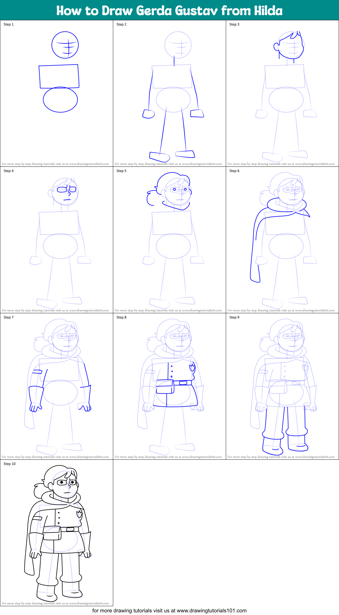 How to Draw Gerda Gustav from Hilda Printable Step by Step